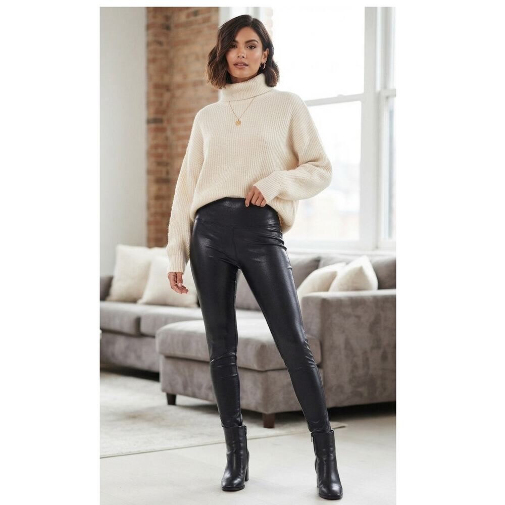 Spanx Faux Leather High Rise Wet Look Leggings Style 2437Q Petite Medium Black